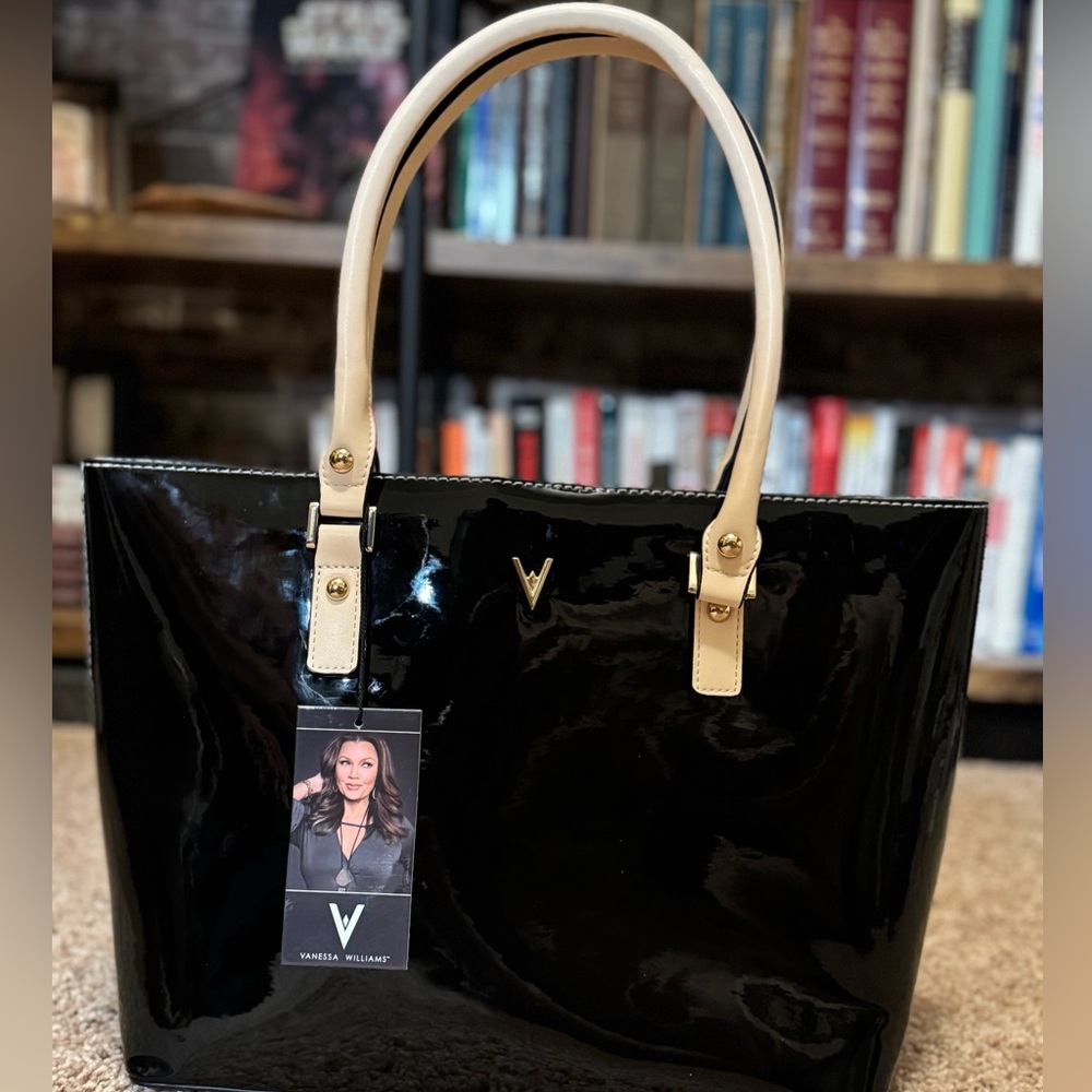 Vanessa Williams black patent tote